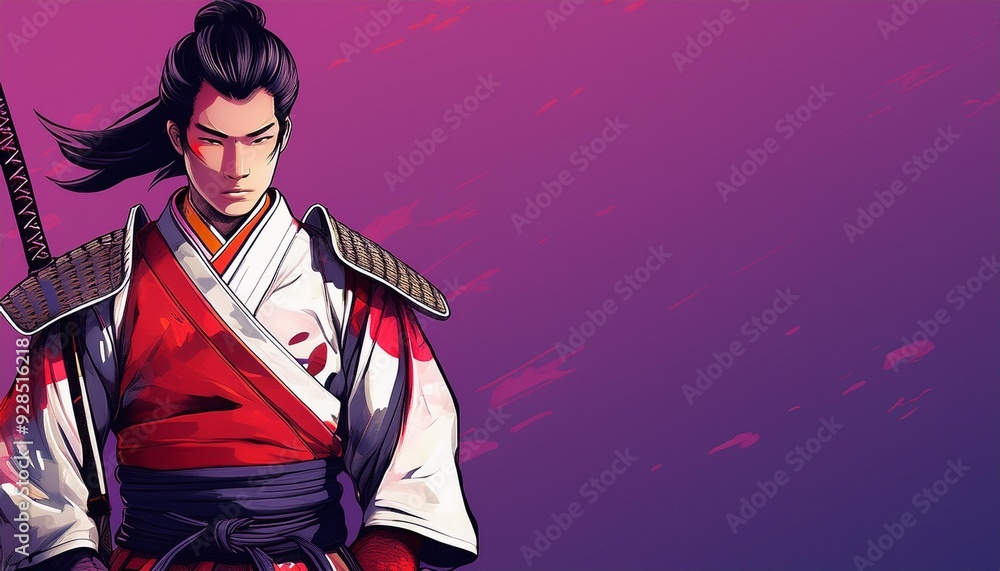 Retro manga samurai in red and white uniform against purple gradient, space for text. Retro manga samurai in red and white uniform against purple gradient, space for text.