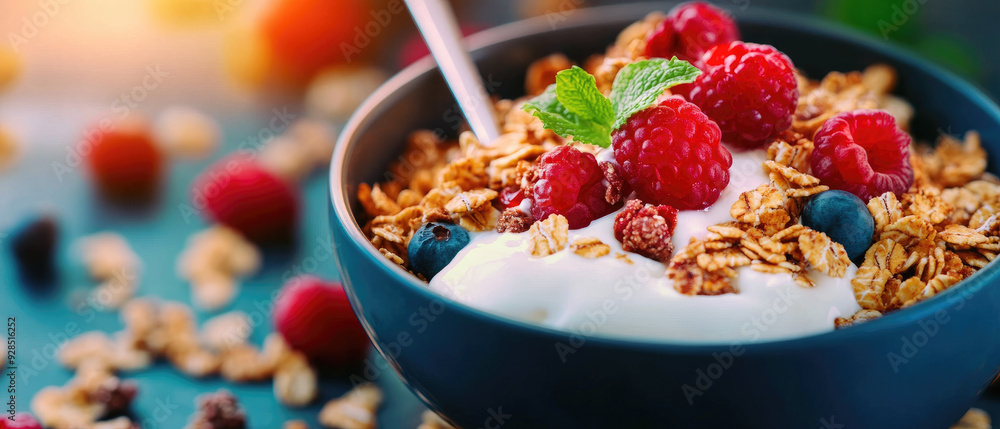 A delicious bowl of yogurt topped with fresh raspberries and granola, perfect for a healthy breakfast or snack. A delicious bowl of yogurt topped with fresh raspberries and granola, perfect for a healthy breakfast or snack.