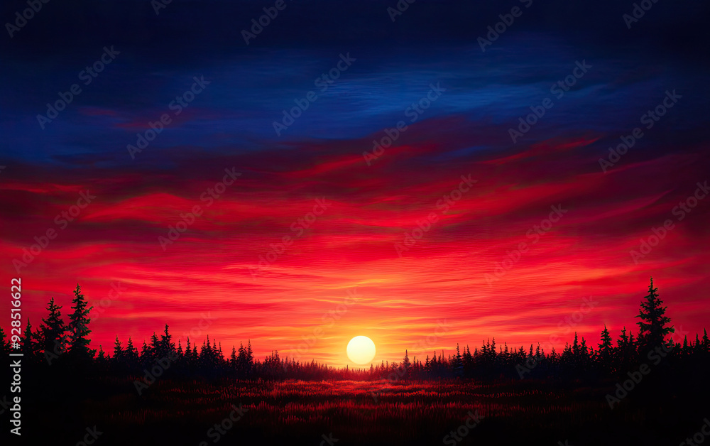 Fototapeta premium A vibrant sunset paints the sky with hues of red and blue over a silhouette of evergreen trees, creating a tranquil landscape.