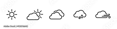 Weather Linear Icons. Weather forecast. Meteorological symbols. Suny, cloudy, rainy, thunderstorm, windy, snow etc. Vector web icons.