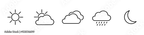 Weather Linear Icons. Weather forecast. Meteorological symbols. Suny, cloudy, rainy, thunderstorm, windy, snow etc. Vector web icons.