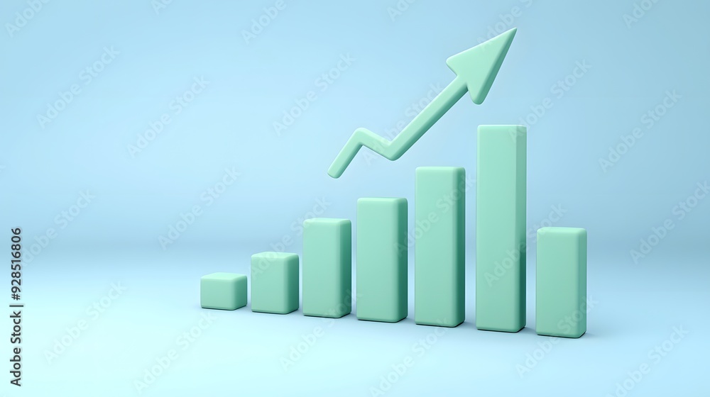 Abstract green bar graph with upward arrow on light blue background, symbolizing growth, progress, and financial success. Abstract green bar graph with upward arrow on light blue background, symbolizing growth, progress, and financial success.