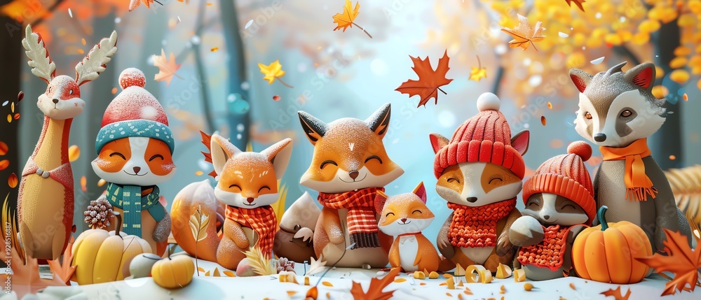 3D animals in seasonal clothes, enchanting fall scenery, flat design illustration 3D animals in seasonal clothes, enchanting fall scenery, flat design illustration