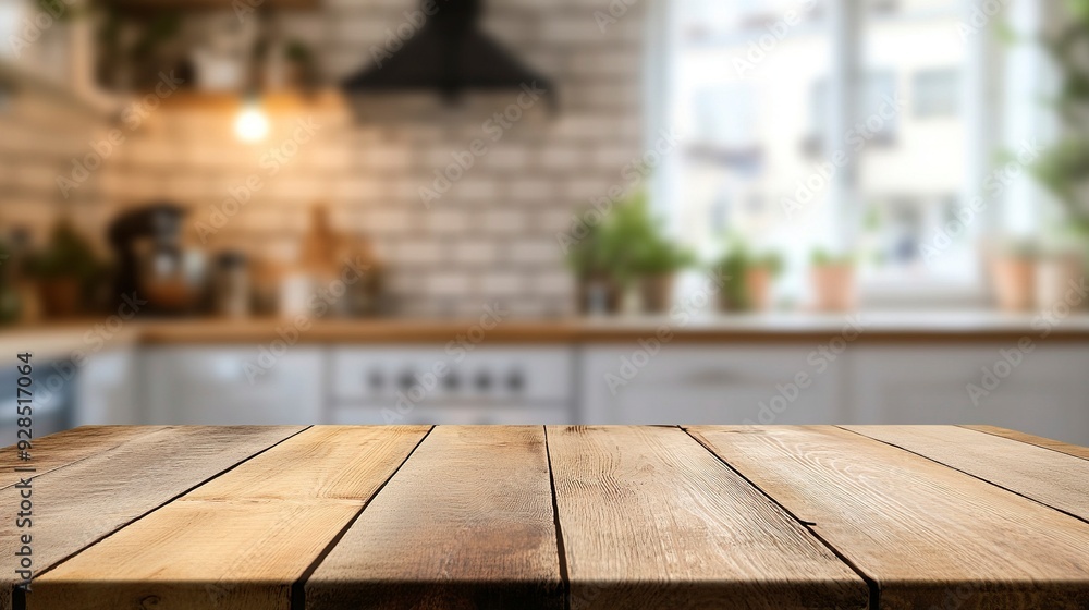 Wood table top on blurred kitchen background. can be used mock up for montage products display or design layout. Generative ai Wood table top on blurred kitchen background. can be used mock up for montage products display or design layout. Generative ai