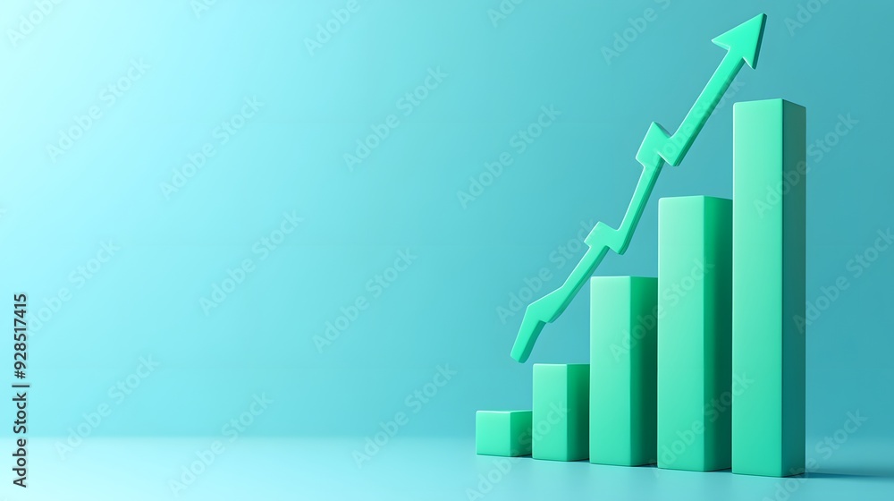 Business growth concept with a rising bar chart and arrow on a teal background, representing success and progress in finance and investment. Business growth concept with a rising bar chart and arrow on a teal background, representing success and progress in finance and investment.