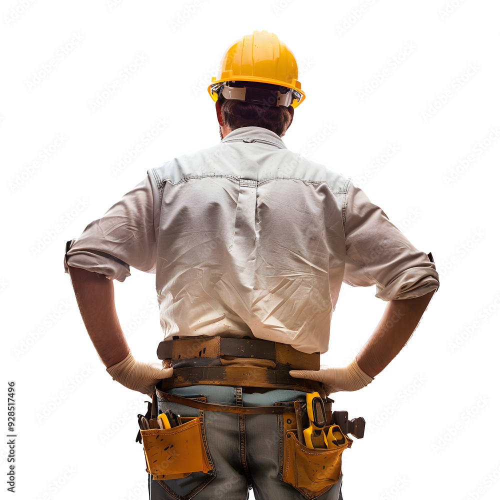 Rear view of a construction worker wearing a hard hat and tool belt, isolated on a transparent background, ready for construction or renovation work Rear view of a construction worker wearing a hard hat and tool belt, isolated on a transparent background, ready for construction or renovation work