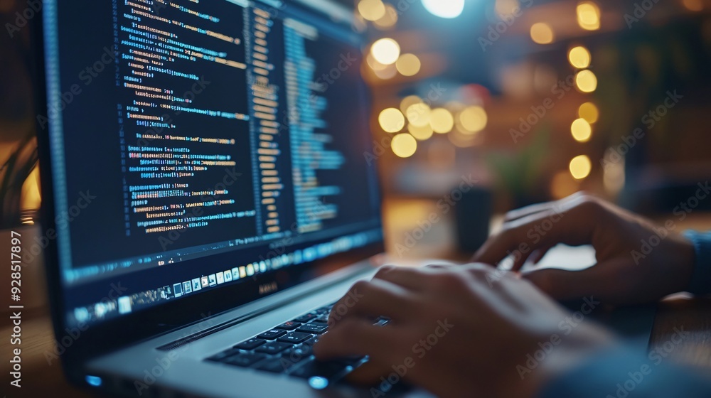 A close-up of a data engineer's hands typing on a keyboard with code and data analytics visible on the screen A close-up of a data engineer's hands typing on a keyboard with code and data analytics visible on the screen