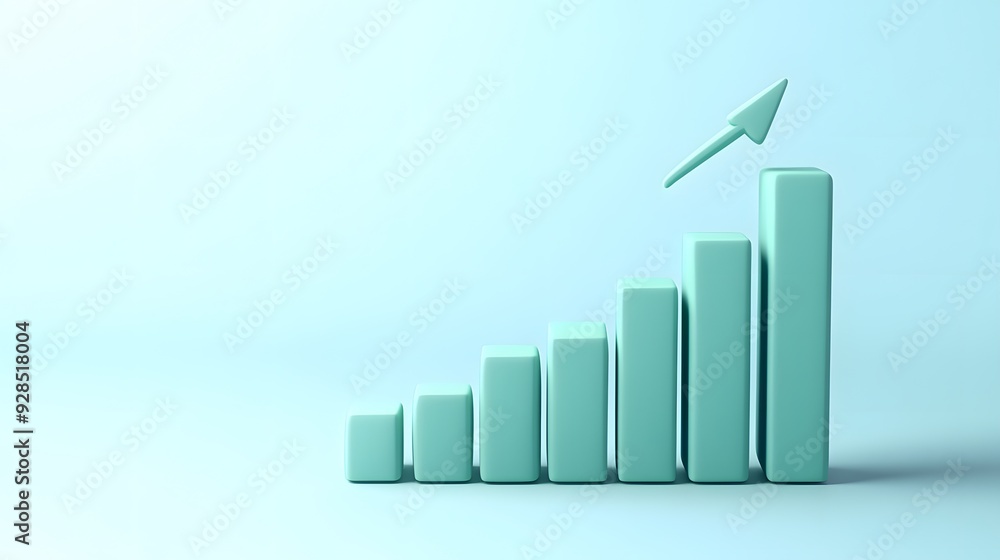 Digital 3D bar graph showing financial growth with ascending columns and arrow indicating upward progress against a light blue background. Digital 3D bar graph showing financial growth with ascending columns and arrow indicating upward progress against a light blue background.