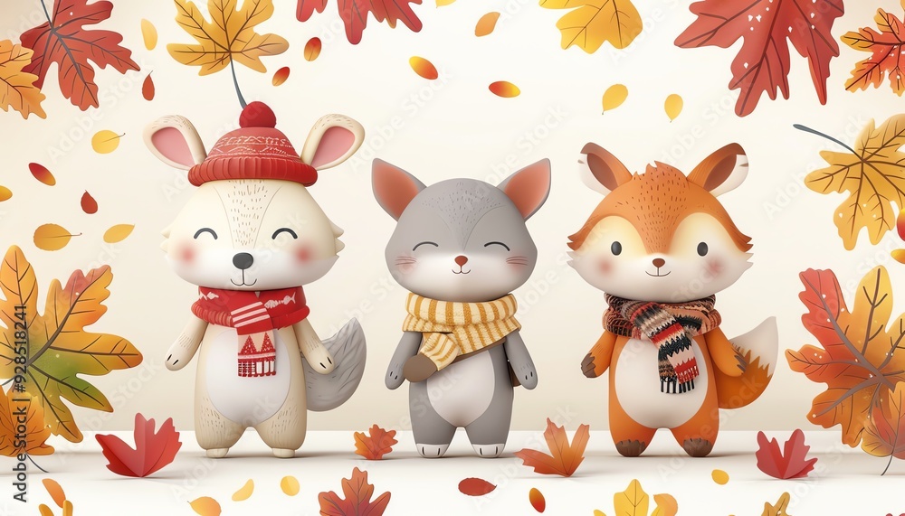 Naklejka premium 3D animals in fall clothes, with a backdrop of colorful leaves, flat design illustration