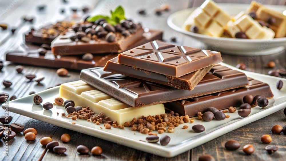 Assorted chocolate bars arranged on a pristine white plate, with scattered chocolate chips and a blurred background, evoking a sense of indulgent sweetness. Assorted chocolate bars arranged on a pristine white plate, with scattered chocolate chips and a blurred background, evoking a sense of indulgent sweetness.