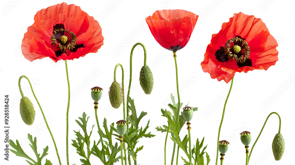 Obraz premium poppy flowers with buds isolated on transparent background, PNG