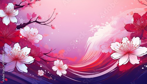 Manga-style red and white cherry blossoms swirling in a purple-pink wind, with space for text.