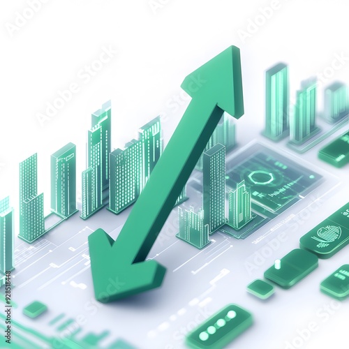 Wallpaper Mural Futuristic cityscape with green arrow symbolizing growth and decline. Digital rendering with abstract elements suitable for financial themes. Torontodigital.ca