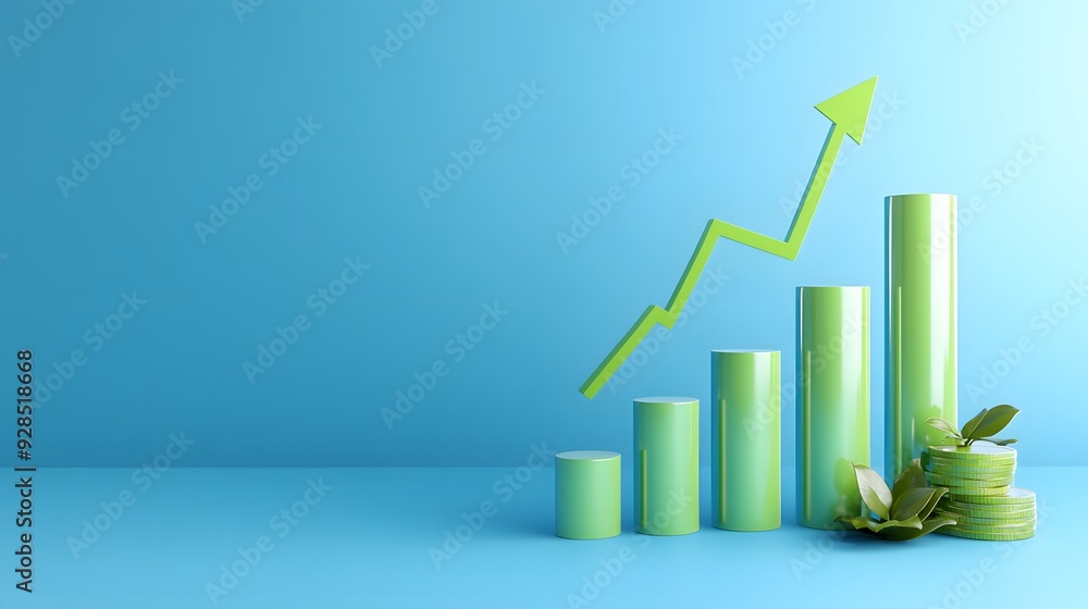 Graph showing growth with upward arrow in green columns, symbolizing business success and financial progress, on a blue background. Graph showing growth with upward arrow in green columns, symbolizing business success and financial progress, on a blue background.