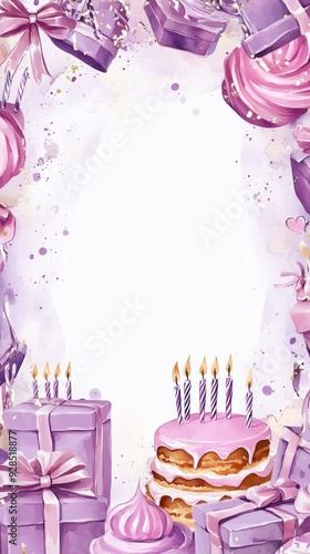 A festive birthday-themed illustration featuring a cake, gifts, and decorative elements. photo