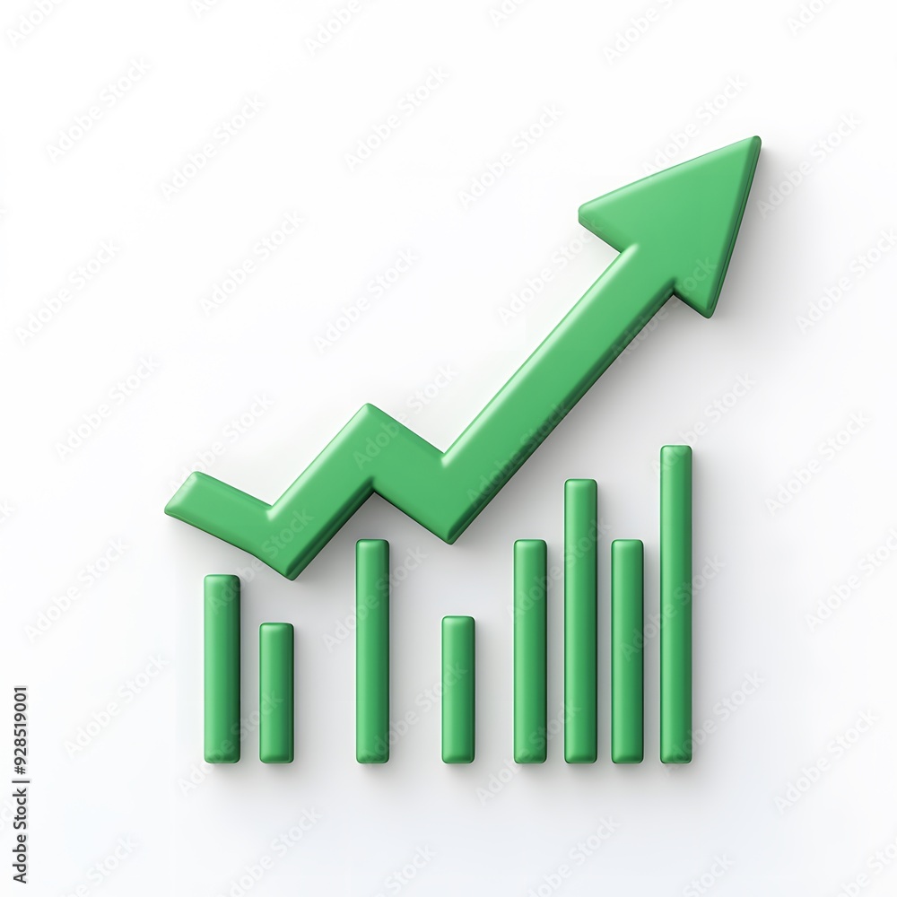 Green 3D arrow and bar graph showing growth and success on a white background, symbolizing business improvement and financial progress. Green 3D arrow and bar graph showing growth and success on a white background, symbolizing business improvement and financial progress.
