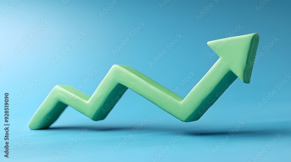 Green 3D arrow depicting an upward, zigzag growth trend against a blue background, symbolizing business success, progress, or improvement.