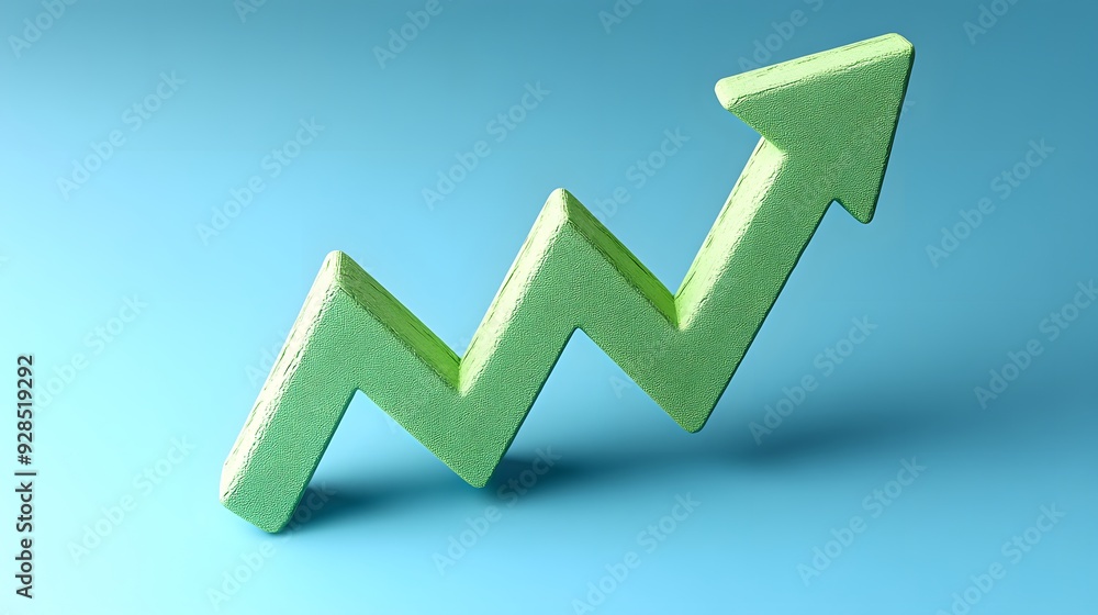 Green 3D arrow pointing upwards signifying growth and progress on a blue background, representing business success and financial increase. Green 3D arrow pointing upwards signifying growth and progress on a blue background, representing business success and financial increase.