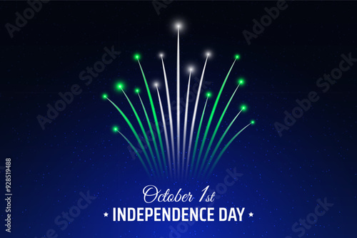 October 1 nigeria independence day, nigerian colorful fireworks on dark night sky background. Fireworks, flag. National holiday nigeria october 1st independence day. Greeting card. Vector