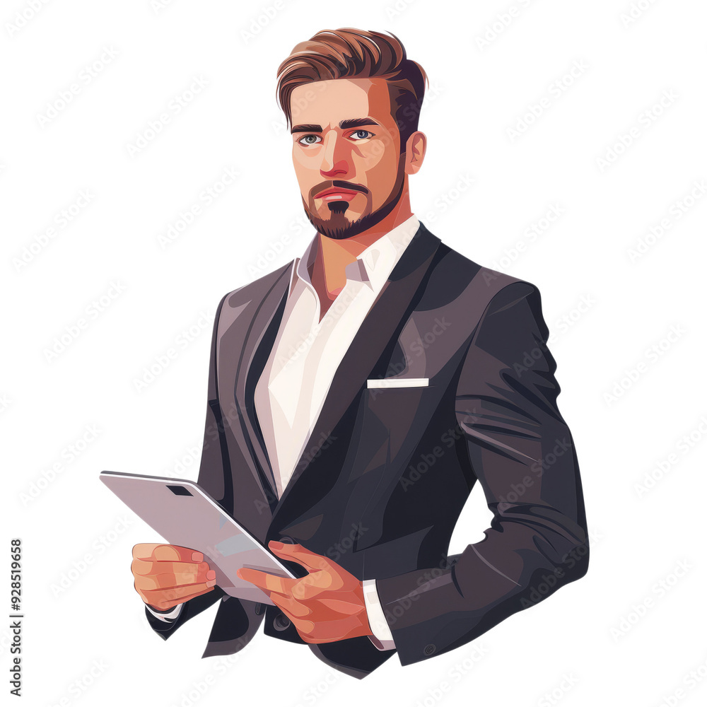 A young businessman from Europe, in a suit, holding a tablet, representing the strength and innovation of European business. A young businessman from Europe, in a suit, holding a tablet, representing the strength and innovation of European business.
