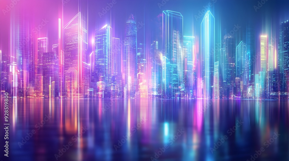 Neon Cityscape with Glowing Skyscrapers and Reflections Neon Cityscape with Glowing Skyscrapers and Reflections