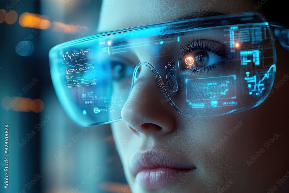 Futuristic Health Monitoring Concept with Smart Glasses Overlay on Urban Background Futuristic Health Monitoring Concept with Smart Glasses Overlay on Urban Background