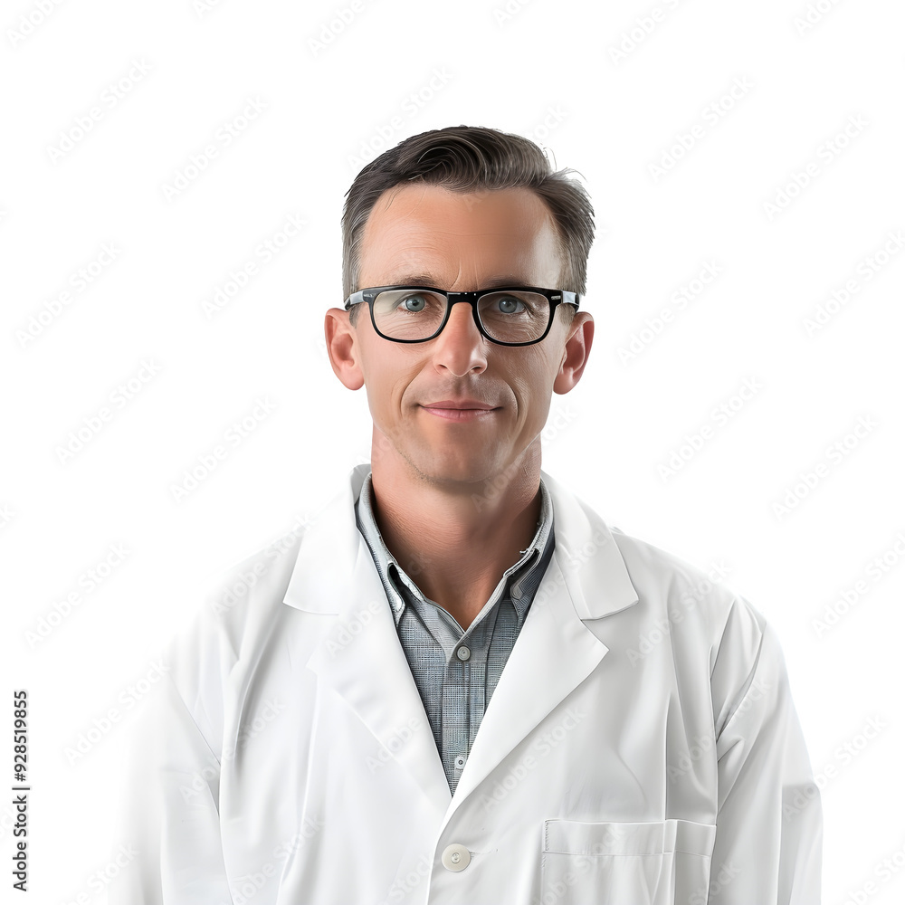 Male scientist with glasses and a lab coat, standing confidently in front of a clear background, perfect for science and healthcare concepts Male scientist with glasses and a lab coat, standing confidently in front of a clear background, perfect for science and healthcare concepts