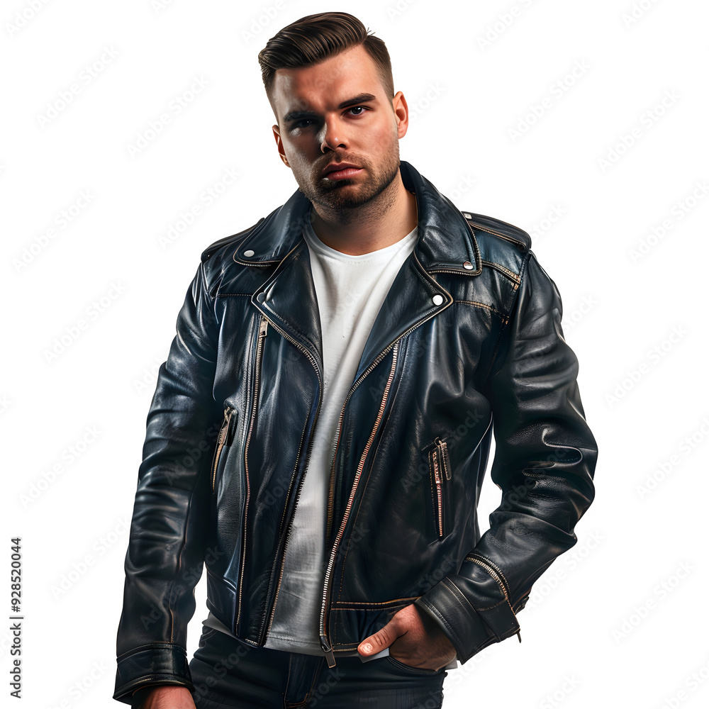 Confident man poses in a leather jacket against a transparent background, ideal for various design and advertising projects Confident man poses in a leather jacket against a transparent background, ideal for various design and advertising projects
