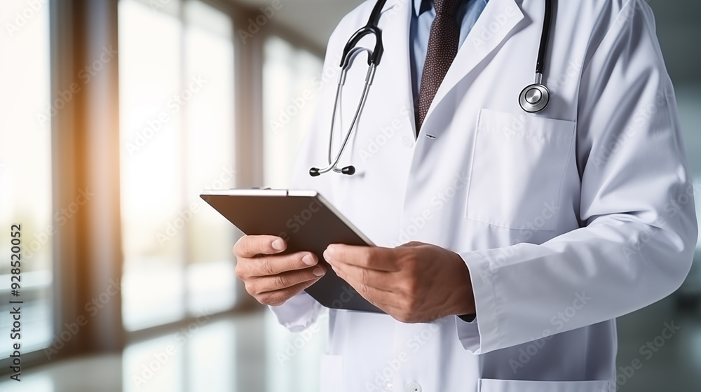 doctor with a tablet. typing or research with online results doctor with a tablet. typing or research with online results
