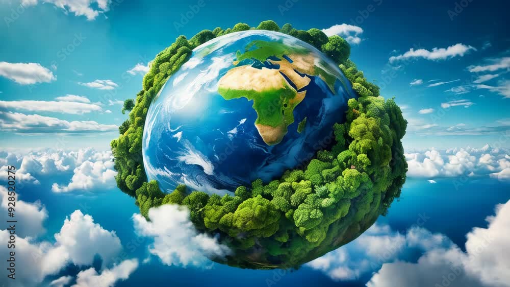 Earth planet with trees and water on it, surrounded by fluffy clouds. Environment and clean planet concept. Earth planet with trees and water on it, surrounded by fluffy clouds. Environment and clean planet concept.