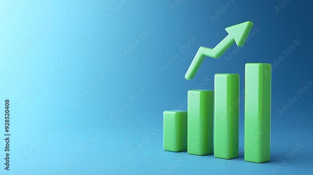 Green 3D bar graph showing upward growth on a blue gradient background. Business and financial success concept. Green 3D bar graph showing upward growth on a blue gradient background. Business and financial success concept.