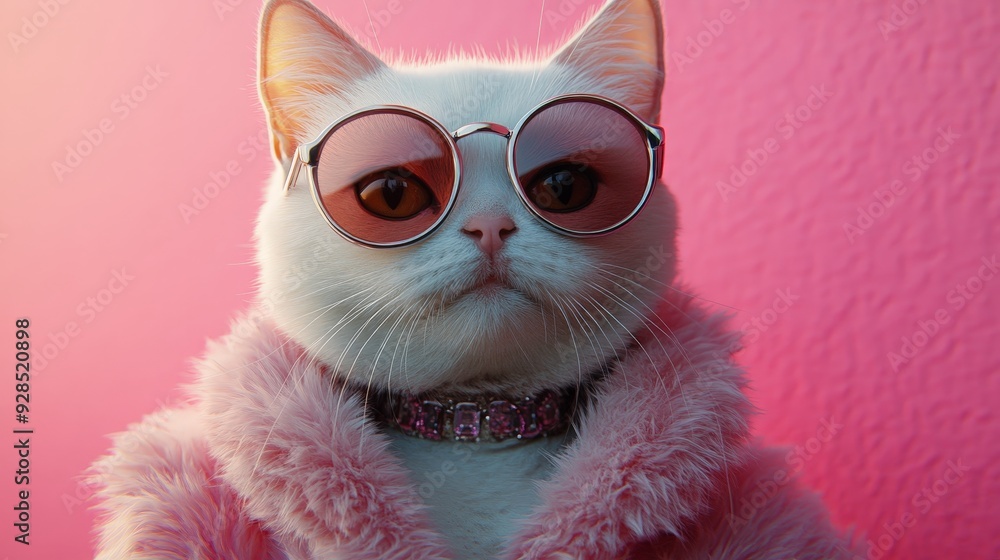 Fototapeta premium Stylish Cat in Sunglasses with Peach Background