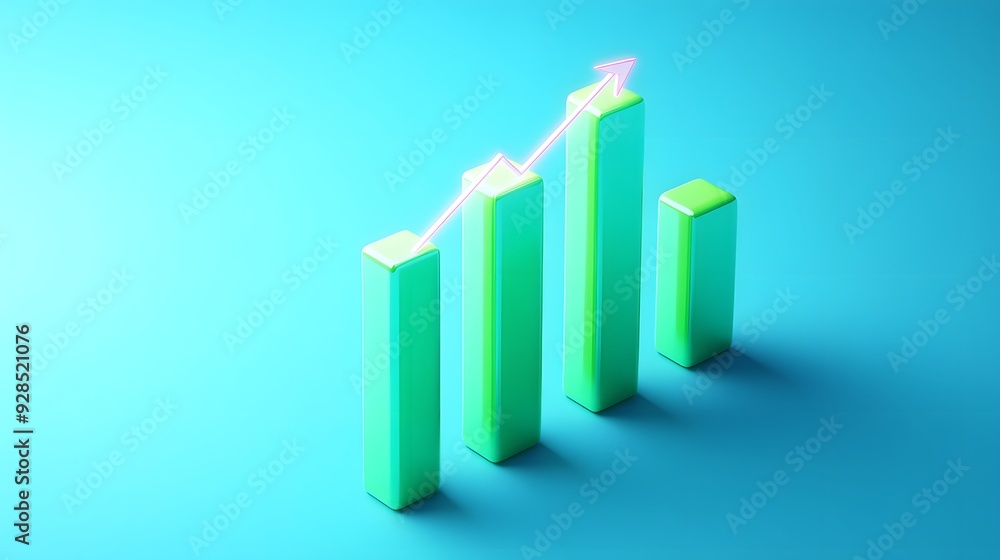 Green 3D bar graph with upward arrow on blue background, symbolizing business growth, success, progress, statistics, and positive trends. Green 3D bar graph with upward arrow on blue background, symbolizing business growth, success, progress, statistics, and positive trends.