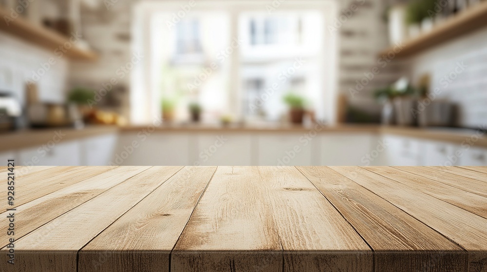 Wood table top on blurred kitchen background. can be used mock up for montage products display or design layout. Generative ai Wood table top on blurred kitchen background. can be used mock up for montage products display or design layout. Generative ai