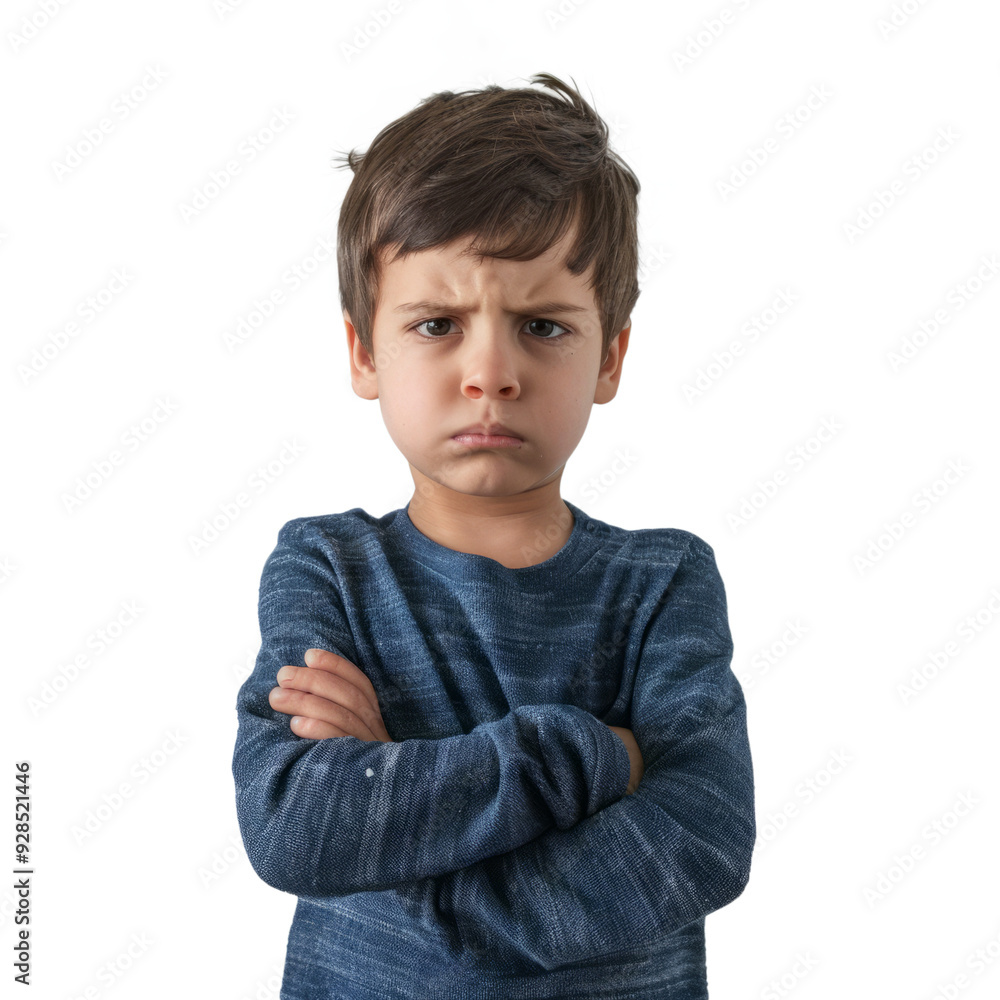 A frustrated little boy with his arms crossed and a deep frown, standing against a white backdrop. A frustrated little boy with his arms crossed and a deep frown, standing against a white backdrop.