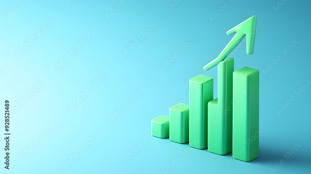 Green 3D bar graph with upwards arrow on a blue background representing growth, success, and business progress. Green 3D bar graph with upwards arrow on a blue background representing growth, success, and business progress.
