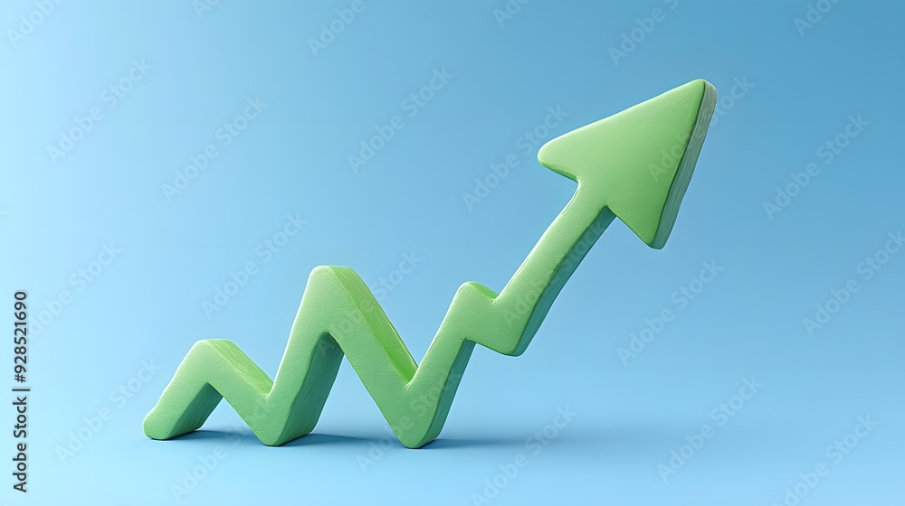 Green 3D rising arrow on a blue background symbolizing growth, success, and a positive trend in business or economy. Green 3D rising arrow on a blue background symbolizing growth, success, and a positive trend in business or economy.