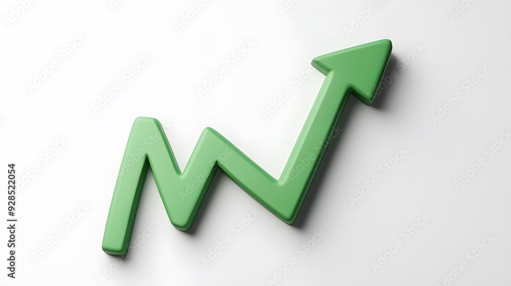 Green arrow chart showing upward trend symbolizing growth, success, and positive statistics on a white background. Green arrow chart showing upward trend symbolizing growth, success, and positive statistics on a white background.