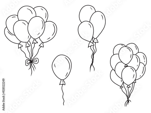 Collection of beautiful balloons with helium flying in black isolated on white. Hand drawn vector sketch illustration in doodle engraved vintage line art style. Holiday equipment decoration
