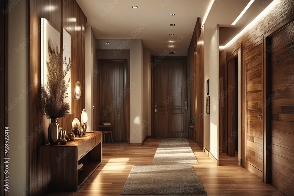 Modern Hallway with Wooden Accents Modern Hallway with Wooden Accents