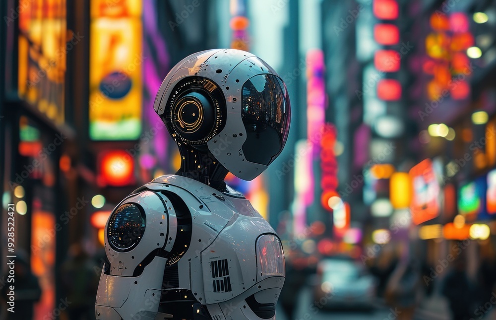 Close-up view of a robot in an urban street. Close-up view of a robot in an urban street.