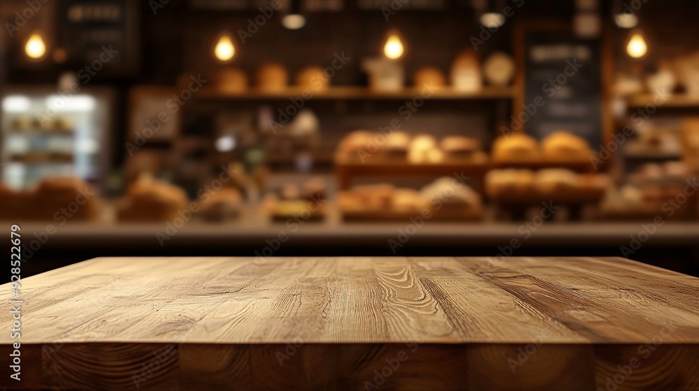 Wooden board empty table background. abstract blurred bakery shop background. Generative ai Wooden board empty table background. abstract blurred bakery shop background. Generative ai