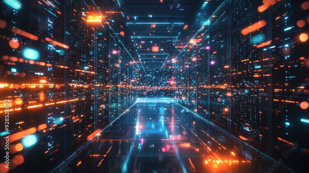 A futuristic data center with rows of servers processing vast amounts of data, with blinking lights indicating constant activity, and engineers monitoring the systems in real-time, emphasizing the A futuristic data center with rows of servers processing vast amounts of data, with blinking lights indicating constant activity, and engineers monitoring the systems in real-time, emphasizing the