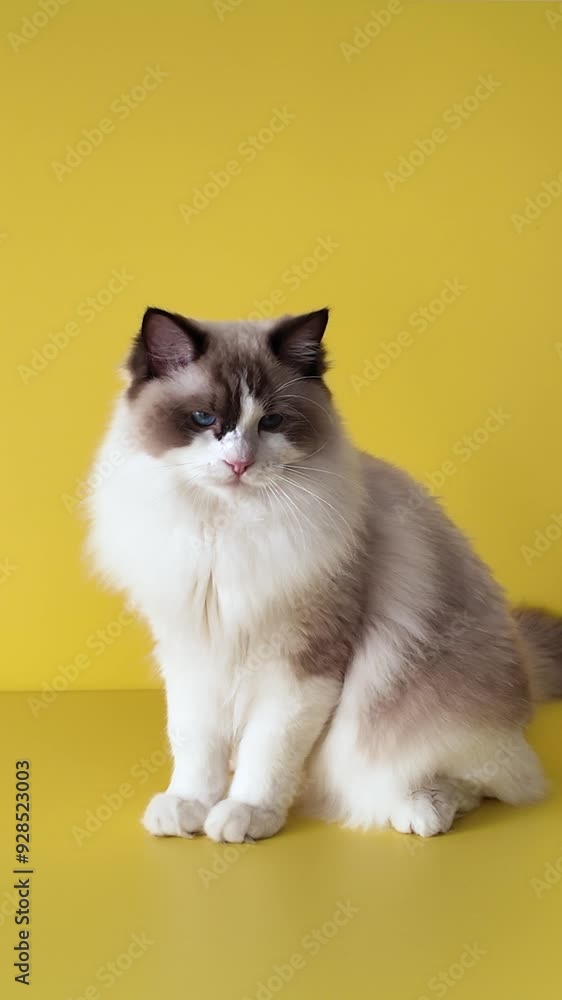 Ragdoll kitten with blue eyes sits on a yellow background. Ragdoll kitten with blue eyes sits on a yellow background.