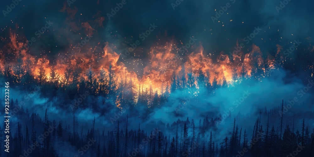 Fototapeta premium Nighttime Forest Fire with Orange and Blue Flames Causing Air Pollution from PM2 5 Dust