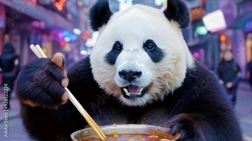 A Giant panda eats voraciously in the middle of a future city street photo