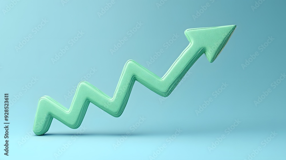 Green arrow zigzagging upwards on a light blue background, representing growth, progress, and financial success. Green arrow zigzagging upwards on a light blue background, representing growth, progress, and financial success.