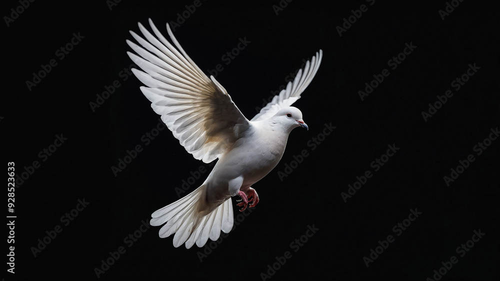 Fototapeta premium A white dove captured mid-flight against a black background, symbolizing peace and freedom.