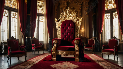A red chair with a gold frame and red curtains with candles on it.
