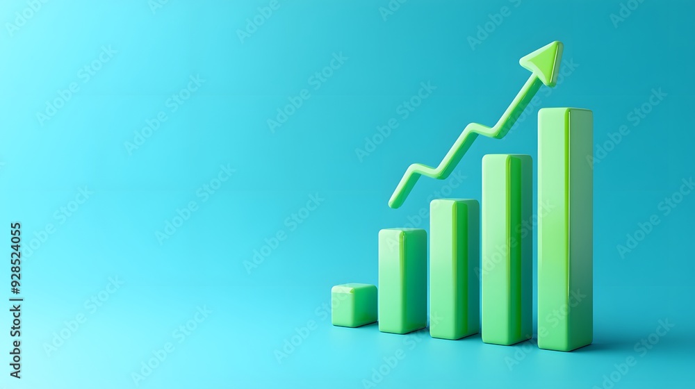 Green bar chart showing upward growth graph with arrow on blue background, representing business success and financial progress. Green bar chart showing upward growth graph with arrow on blue background, representing business success and financial progress.